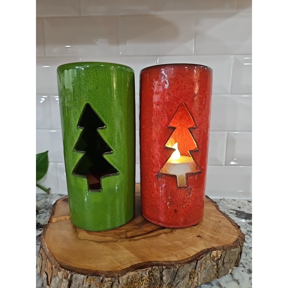Ceramic Christmas TREE Votive Hand -Glazed Candle Holder SET OF 2!! 9 INC